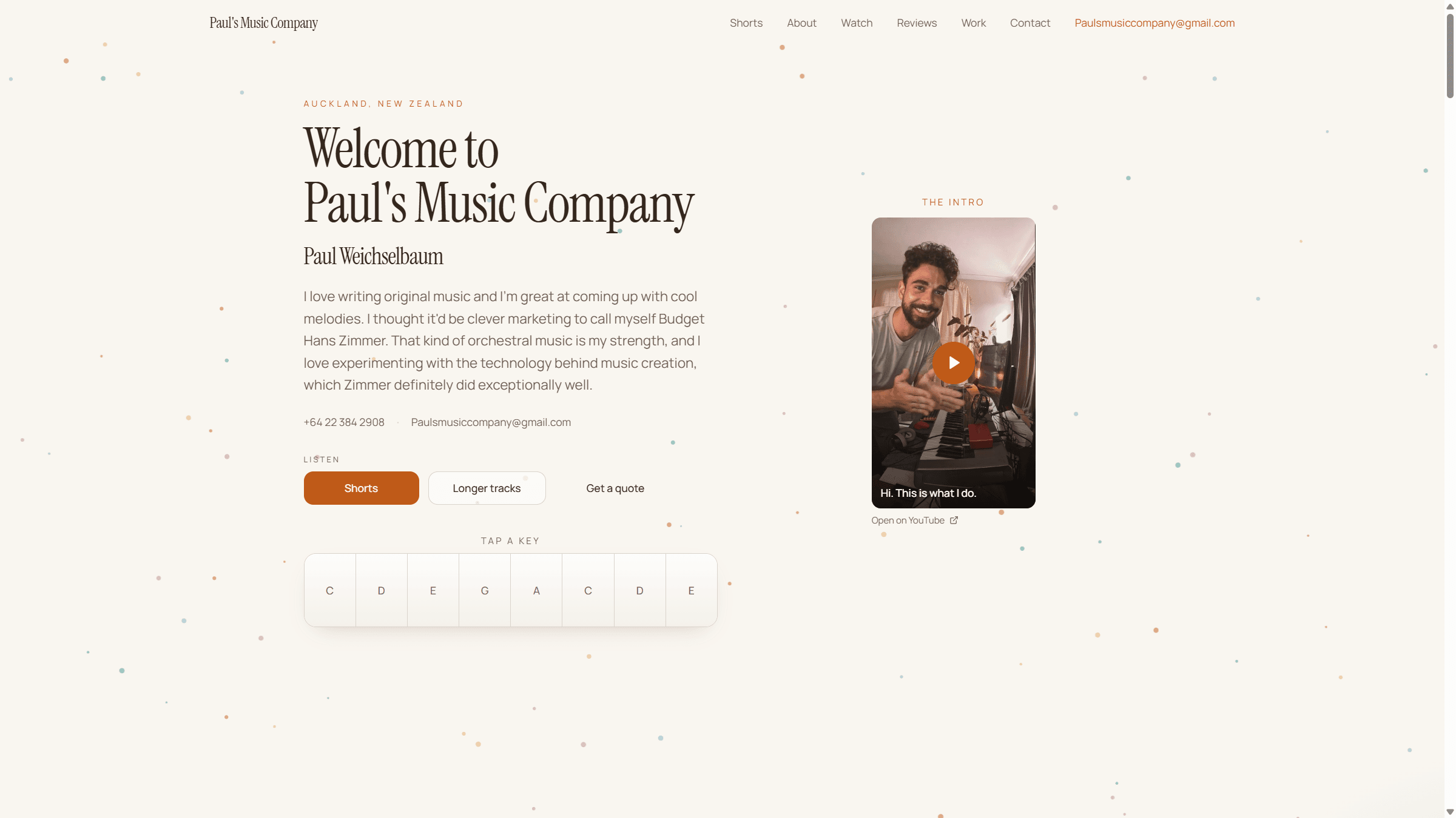 Homepage of paulsmusiccompany.co.nz, welcoming visitors to Paul's Music Company.