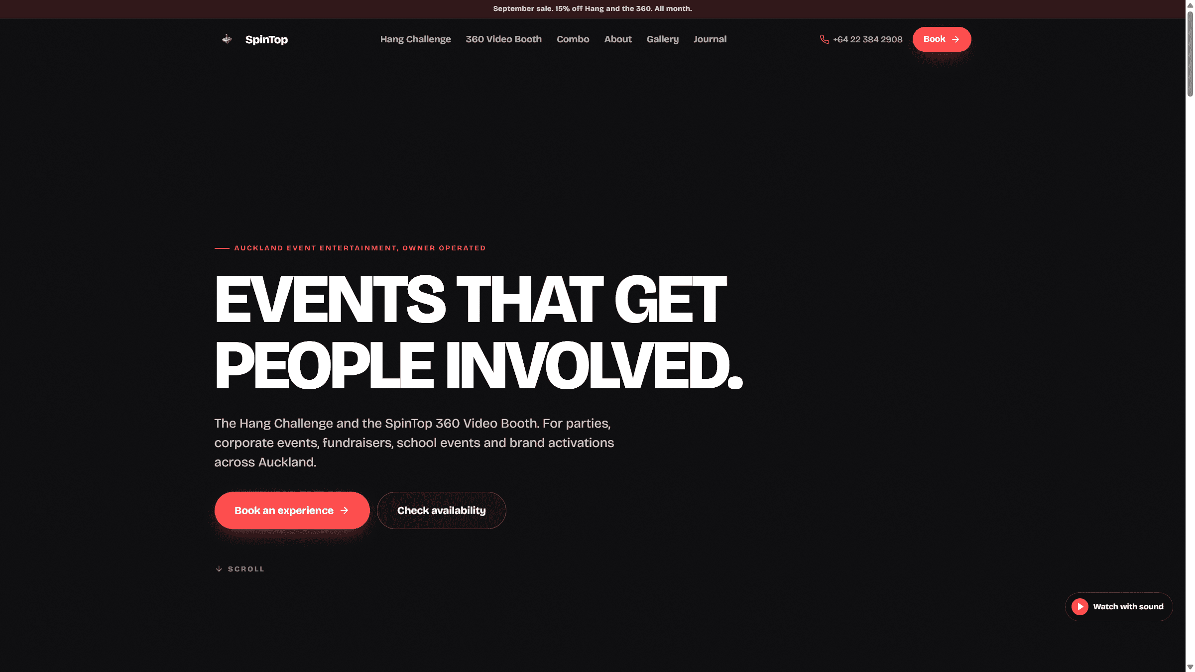 Homepage of spintop.co.nz, with a large headline about events that get people involved.
